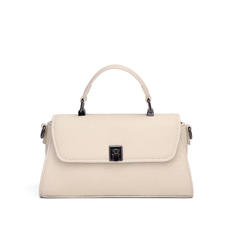 Women Genuine Leather Flap Handbag Soft Litchi Grain Metal Buckle Minimalist Elegant Top Handle Casual Crossbody Shoulder Bag