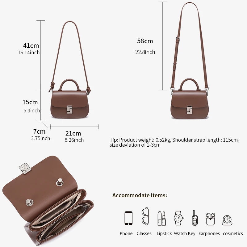 Women's Genuine Cow Leather Crossbody Bag Ladies Light Luxury Cowhide Retro Small Square Handbags Female Leisure Shoulder Bags
