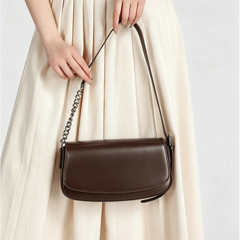Women's Genuine Leather Minimalist Ladies Fashion retro design Flap Shoulder Bag With Chain Strap Crossbody Bag For Work Travel