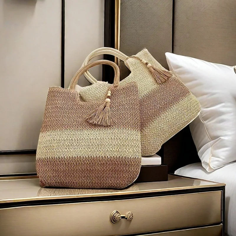 Ladies Retro Woven Shoulder Bag Summer Women's Large Capacity Grass Woven Handbags Female Casual Tassel Beach Tote Underarm Bags