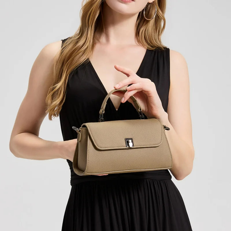 Women Genuine Leather Flap Handbag Soft Litchi Grain Metal Buckle Minimalist Elegant Top Handle Casual Crossbody Shoulder Bag