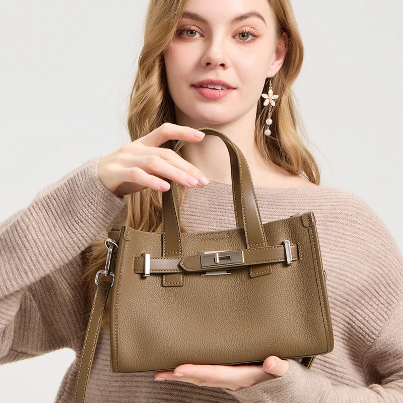 Classic Platinum Leather Shoulder Bag Women's Genuine Leather Handbag Crossbody Bag Handheld Bag Soft Vertical Square Shape