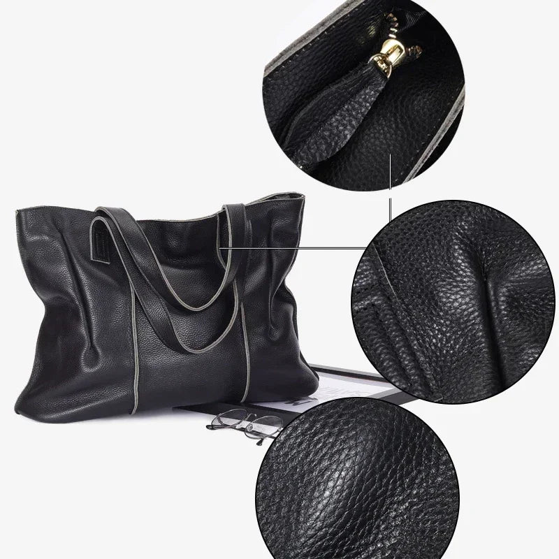 Women's Large Capacity Cowhide Handbag Female Retro Fashion Luxury Bags Ladies Real Natural Cow Leather Shoulder Bag for Lady