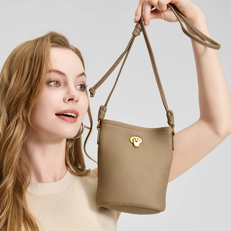Women Genuine Leather Mini Bucket Bag Soft Retro Lock Adjustable Strap Casual Daily Commute Phone Crossbody Shoulder Handbag