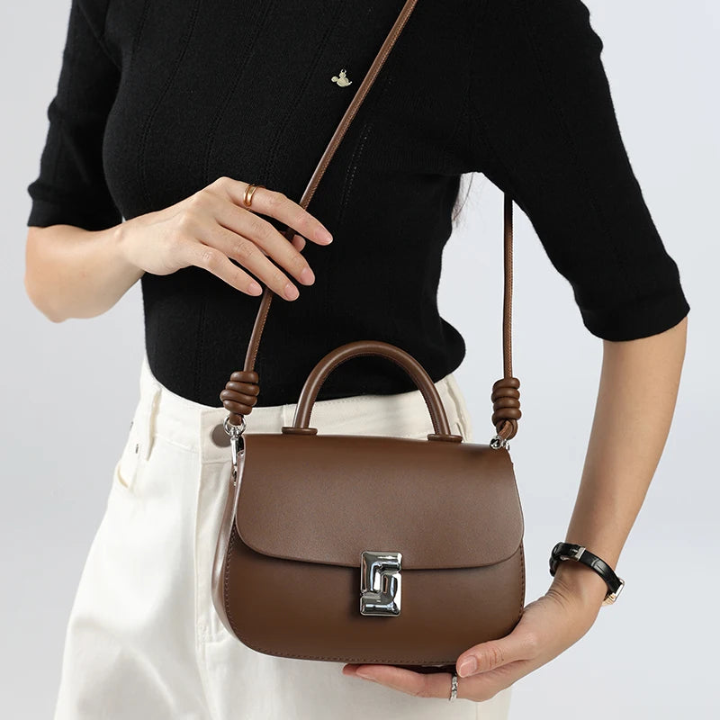 Women's Genuine Cow Leather Crossbody Bag Ladies Light Luxury Cowhide Retro Small Square Handbags Female Leisure Shoulder Bags