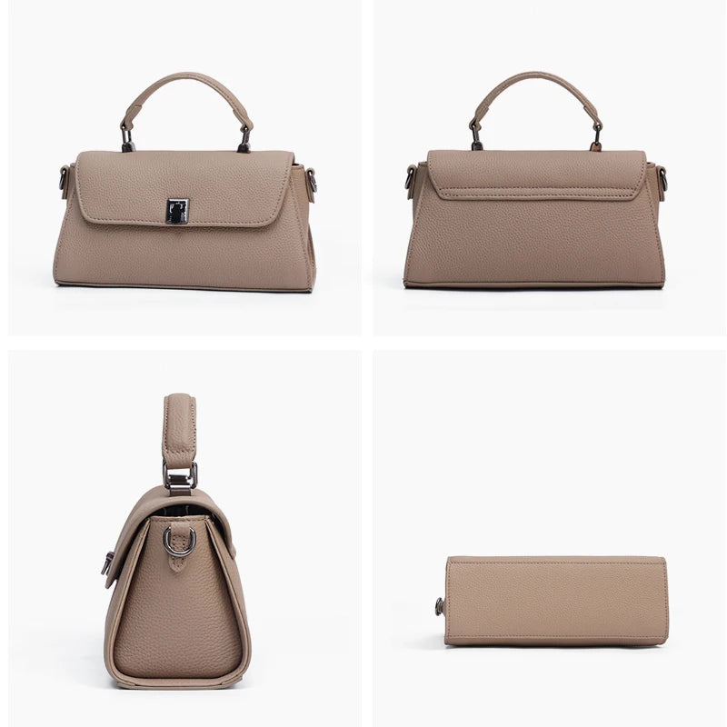 Women Genuine Leather Flap Handbag Soft Litchi Grain Metal Buckle Minimalist Elegant Top Handle Casual Crossbody Shoulder Bag