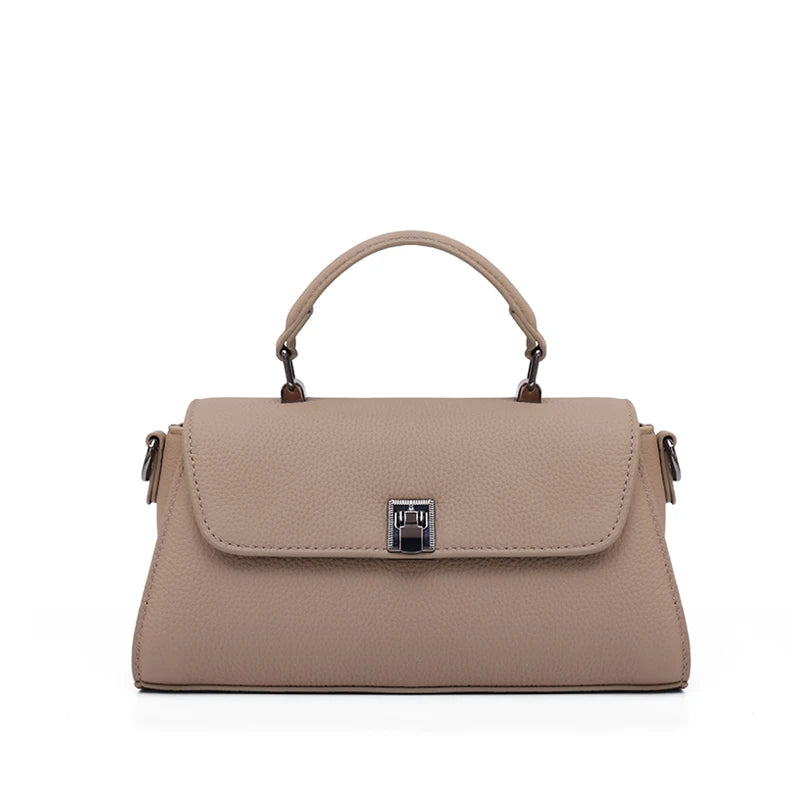 Women Genuine Leather Flap Handbag Soft Litchi Grain Metal Buckle Minimalist Elegant Top Handle Casual Crossbody Shoulder Bag
