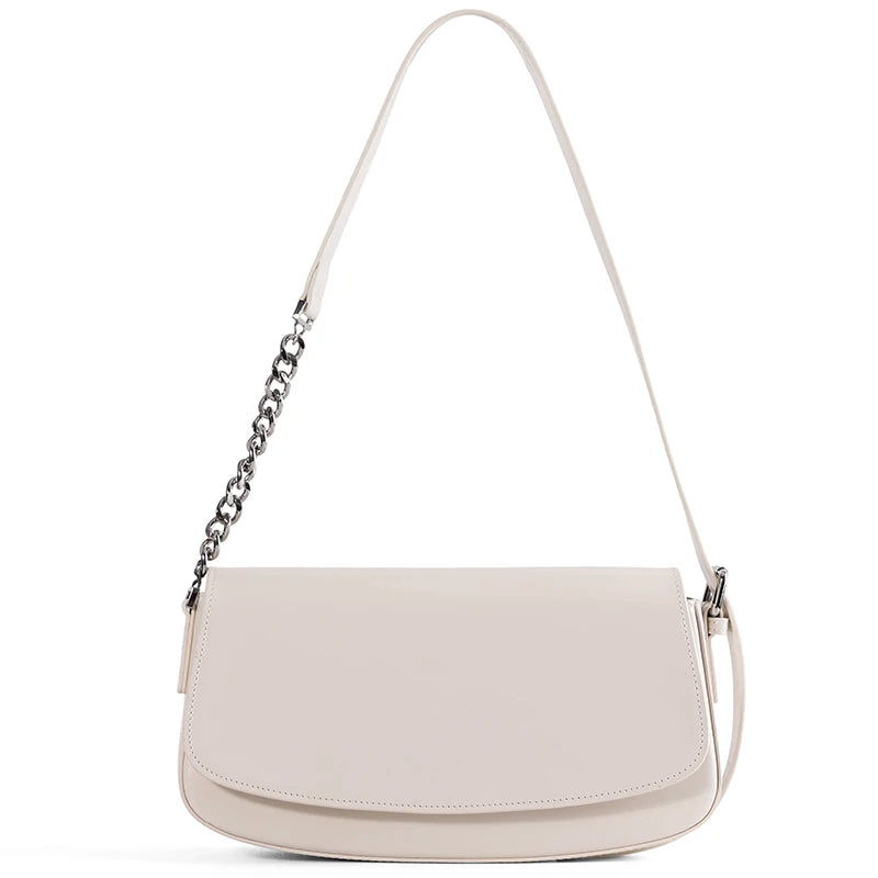 Women's Genuine Leather Minimalist Ladies Fashion retro design Flap Shoulder Bag With Chain Strap Crossbody Bag For Work Travel