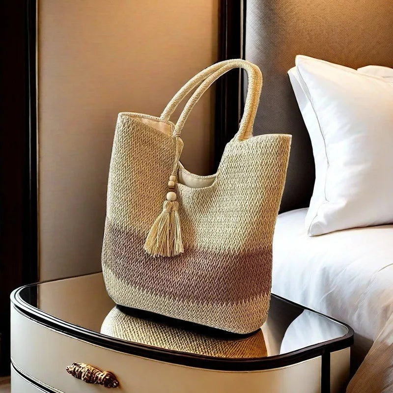 Ladies Retro Woven Shoulder Bag Summer Women's Large Capacity Grass Woven Handbags Female Casual Tassel Beach Tote Underarm Bags