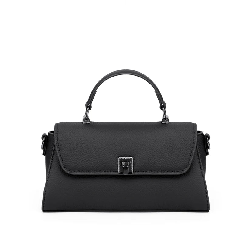 Women Genuine Leather Flap Handbag Soft Litchi Grain Metal Buckle Minimalist Elegant Top Handle Casual Crossbody Shoulder Bag
