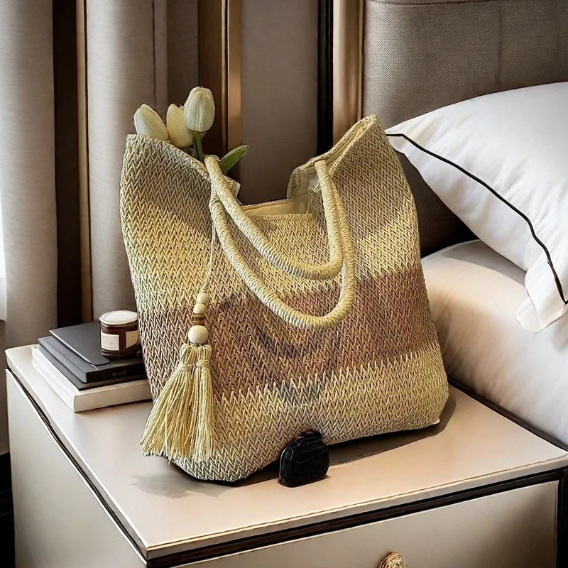 Ladies Retro Woven Shoulder Bag Summer Women's Large Capacity Grass Woven Handbags Female Casual Tassel Beach Tote Underarm Bags