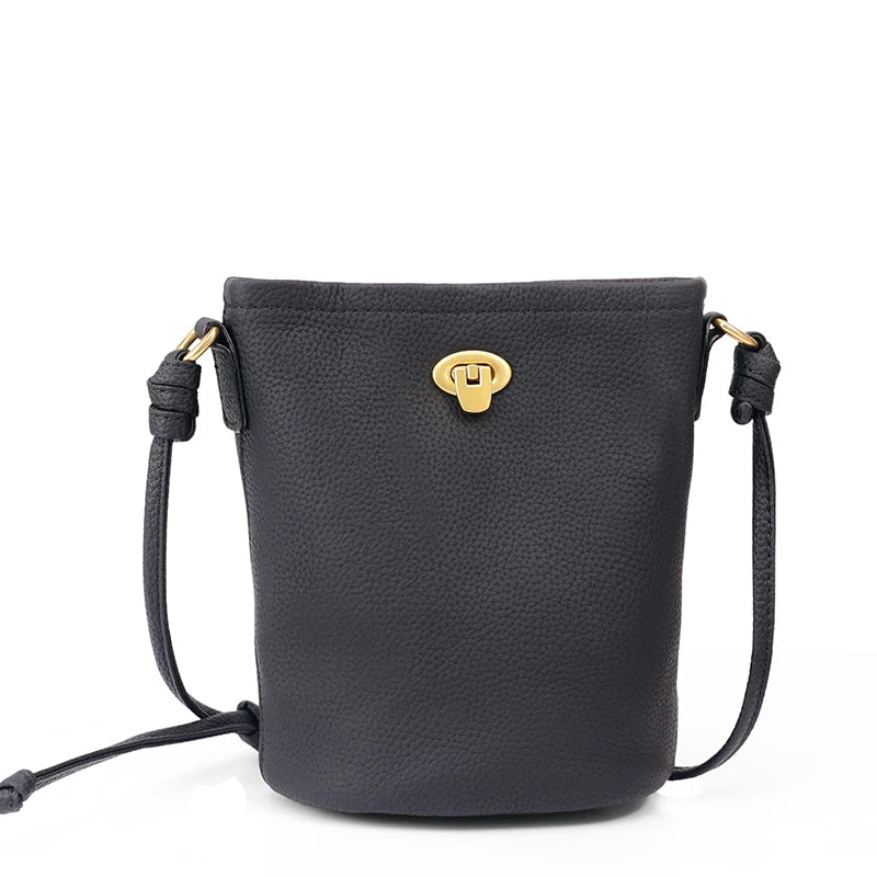 Women Genuine Leather Mini Bucket Bag Soft Retro Lock Adjustable Strap Casual Daily Commute Phone Crossbody Shoulder Handbag