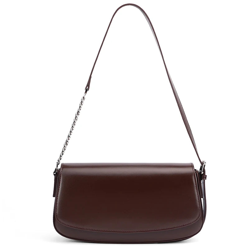 Women's Genuine Leather Minimalist Ladies Fashion retro design Flap Shoulder Bag With Chain Strap Crossbody Bag For Work Travel