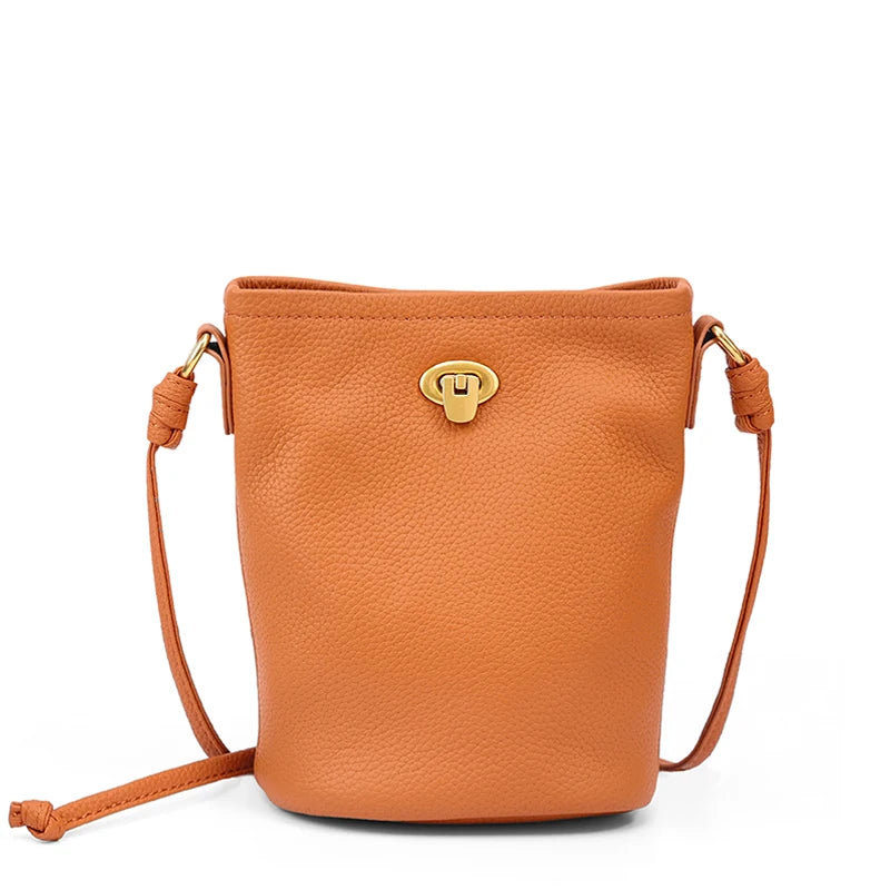Women Genuine Leather Mini Bucket Bag Soft Retro Lock Adjustable Strap Casual Daily Commute Phone Crossbody Shoulder Handbag