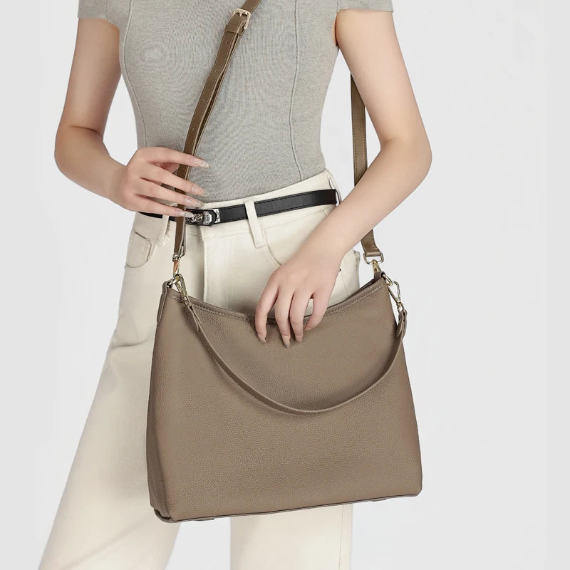 Women Large Capacity Casual Commuter Tote Handbag Genuine Leather Hobo Bag Adjustable Shoulder Crossbody Bag for Office Work
