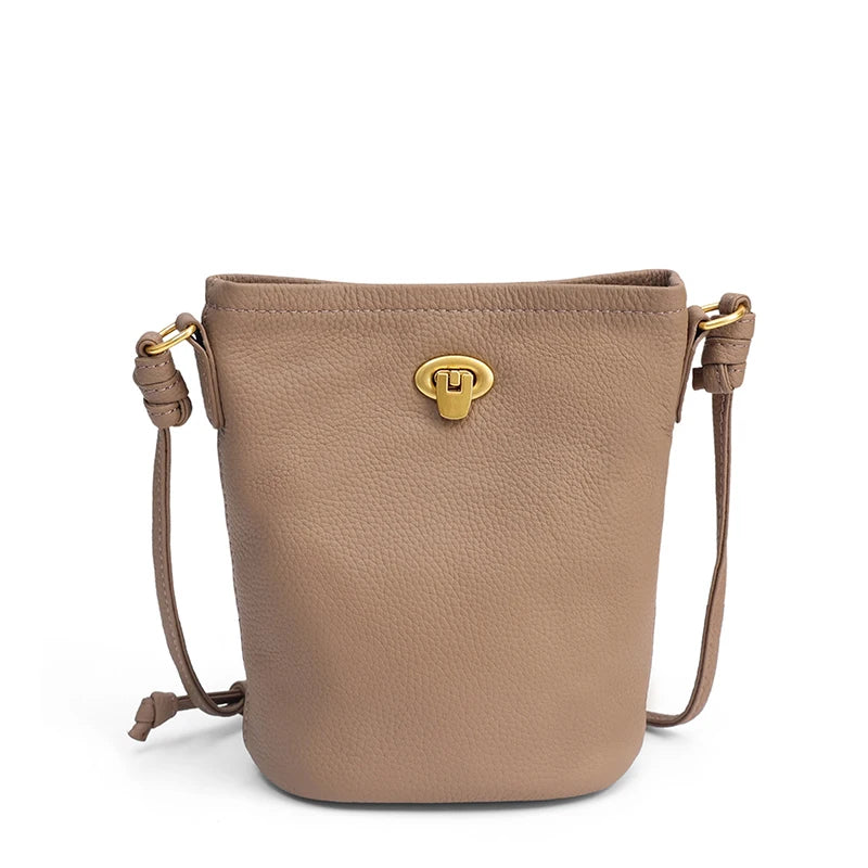 Women Genuine Leather Mini Bucket Bag Soft Retro Lock Adjustable Strap Casual Daily Commute Phone Crossbody Shoulder Handbag