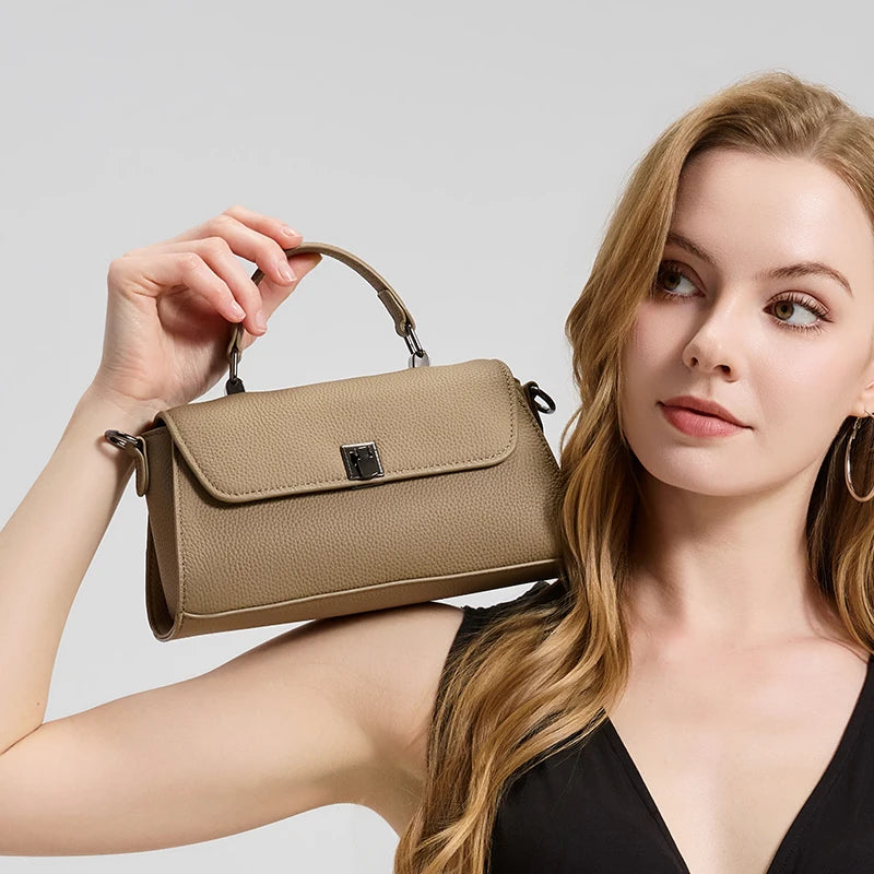 Women Genuine Leather Flap Handbag Soft Litchi Grain Metal Buckle Minimalist Elegant Top Handle Casual Crossbody Shoulder Bag