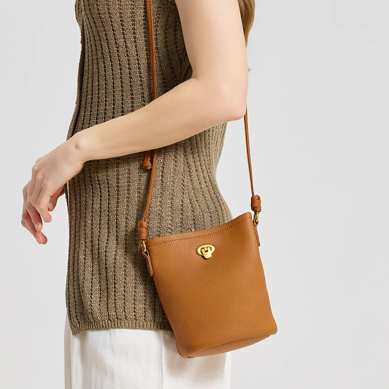 Women Genuine Leather Mini Bucket Bag Soft Retro Lock Adjustable Strap Casual Daily Commute Phone Crossbody Shoulder Handbag