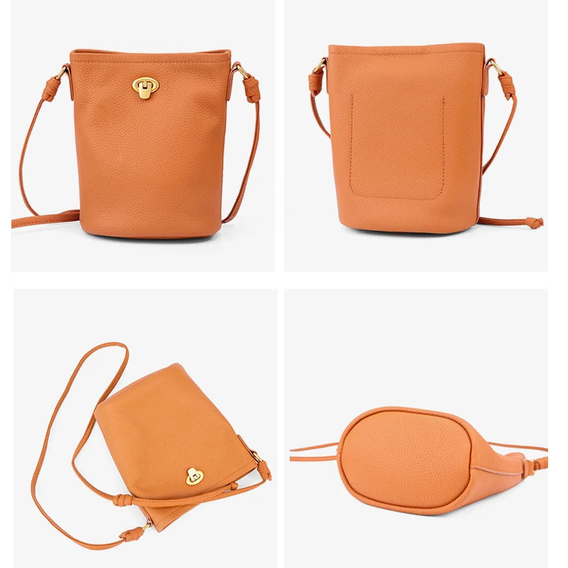 Women Genuine Leather Mini Bucket Bag Soft Retro Lock Adjustable Strap Casual Daily Commute Phone Crossbody Shoulder Handbag