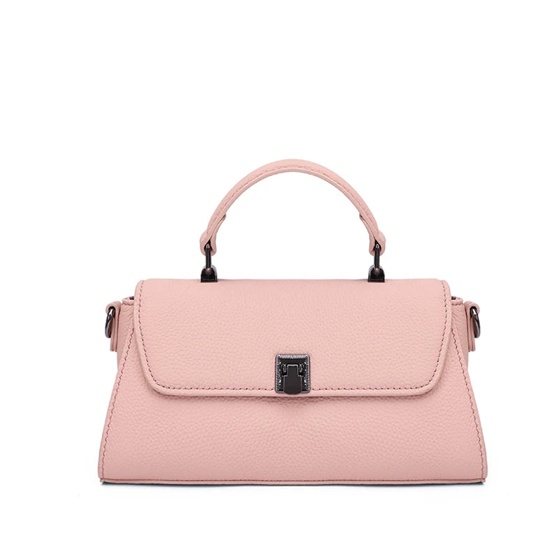 Women Genuine Leather Flap Handbag Soft Litchi Grain Metal Buckle Minimalist Elegant Top Handle Casual Crossbody Shoulder Bag
