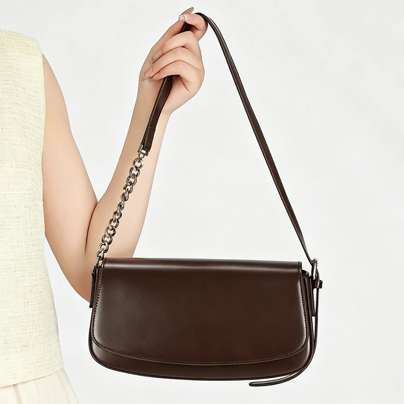 Women's Genuine Leather Minimalist Ladies Fashion retro design Flap Shoulder Bag With Chain Strap Crossbody Bag For Work Travel
