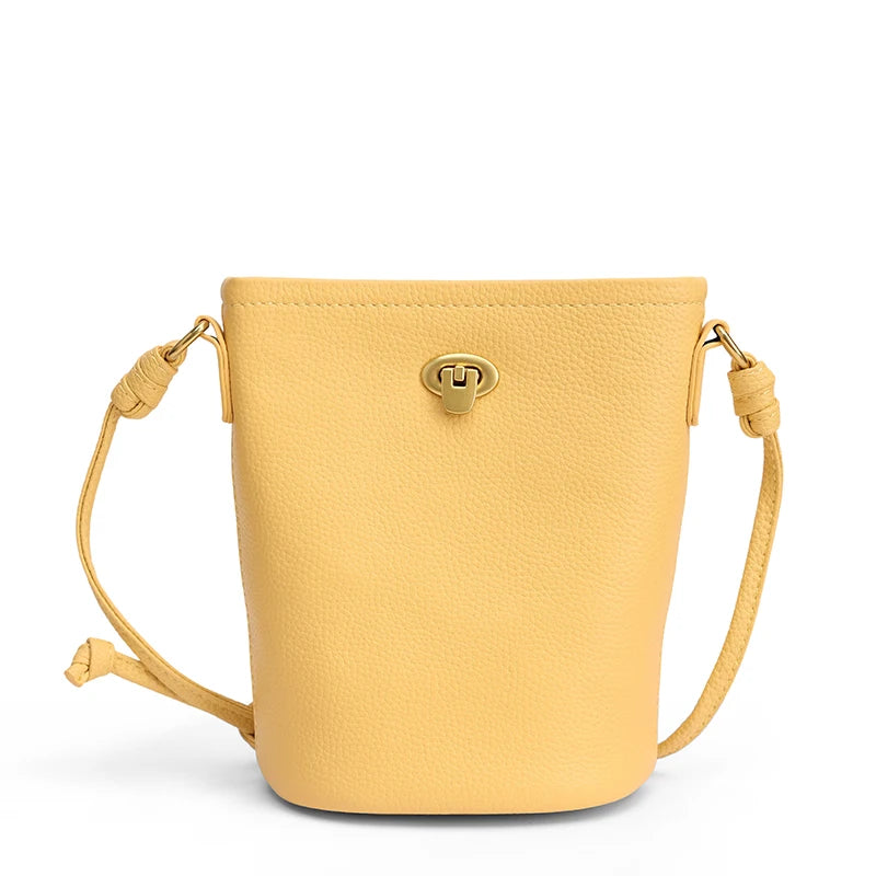 Women Genuine Leather Mini Bucket Bag Soft Retro Lock Adjustable Strap Casual Daily Commute Phone Crossbody Shoulder Handbag