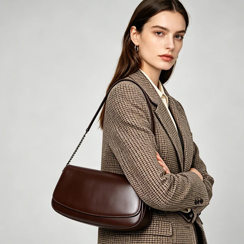 Women's Genuine Leather Minimalist Ladies Fashion retro design Flap Shoulder Bag With Chain Strap Crossbody Bag For Work Travel