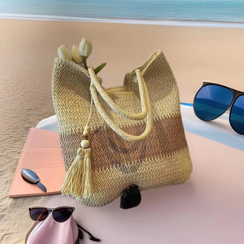 Ladies Retro Woven Shoulder Bag Summer Women's Large Capacity Grass Woven Handbags Female Casual Tassel Beach Tote Underarm Bags