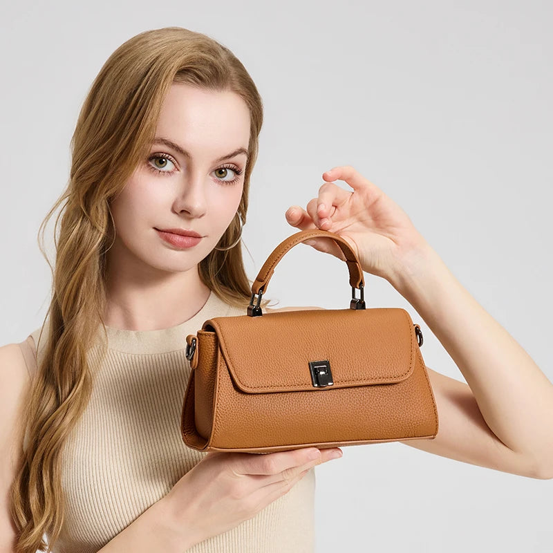 Women Genuine Leather Flap Handbag Soft Litchi Grain Metal Buckle Minimalist Elegant Top Handle Casual Crossbody Shoulder Bag