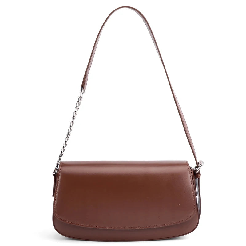 Women's Genuine Leather Minimalist Ladies Fashion retro design Flap Shoulder Bag With Chain Strap Crossbody Bag For Work Travel