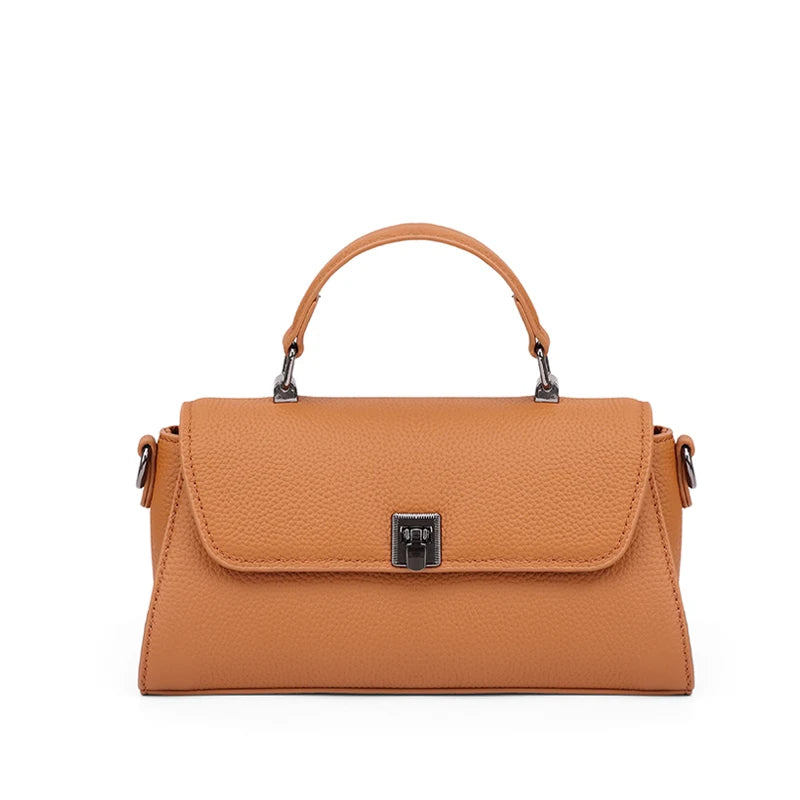 Women Genuine Leather Flap Handbag Soft Litchi Grain Metal Buckle Minimalist Elegant Top Handle Casual Crossbody Shoulder Bag