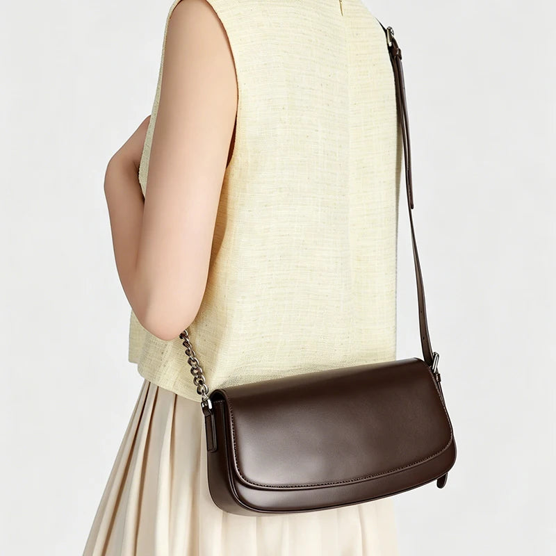 Women's Genuine Leather Minimalist Ladies Fashion retro design Flap Shoulder Bag With Chain Strap Crossbody Bag For Work Travel
