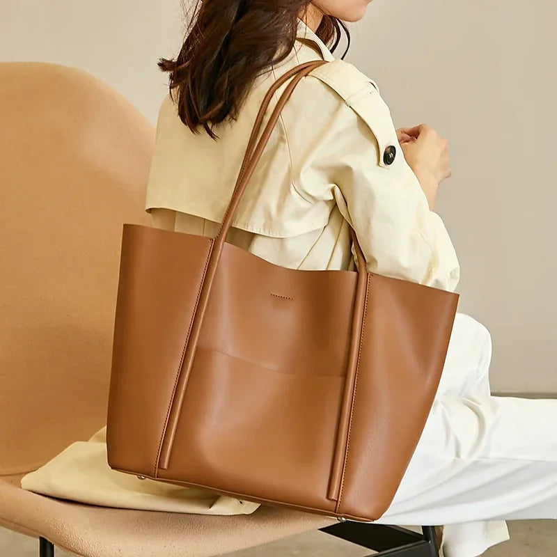 Women Natural Cow Leather Shoulder Bag Female Luxury Designer Fashion Handbags Ladies Cowhide Commuting Large Capacity Tote Bags