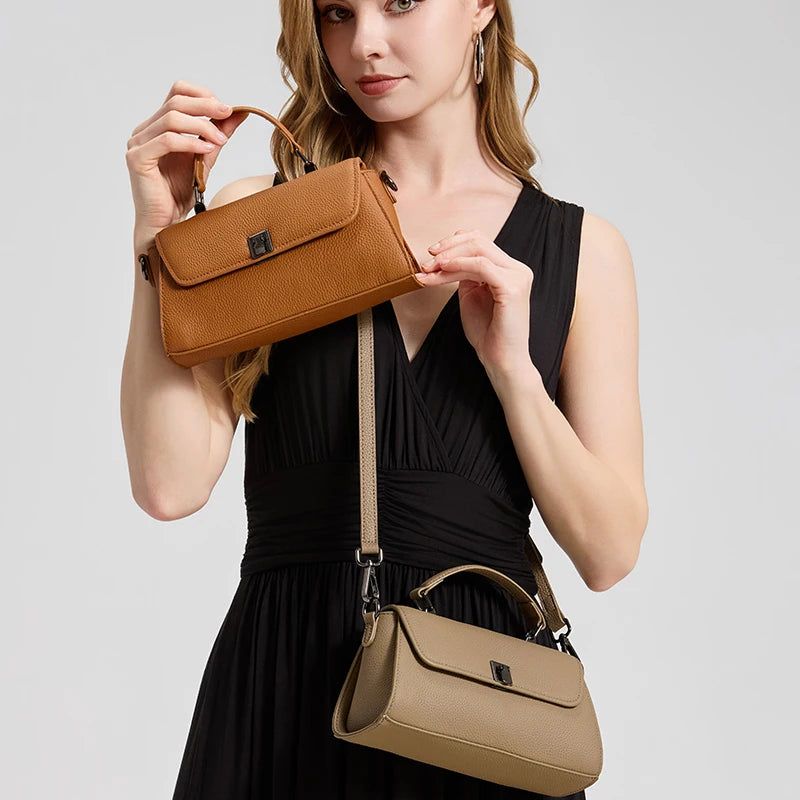 Women Genuine Leather Flap Handbag Soft Litchi Grain Metal Buckle Minimalist Elegant Top Handle Casual Crossbody Shoulder Bag