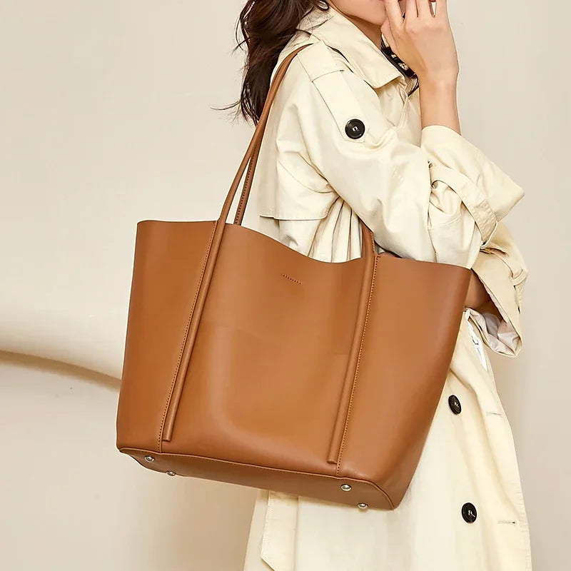 Women Natural Cow Leather Shoulder Bag Female Luxury Designer Fashion Handbags Ladies Cowhide Commuting Large Capacity Tote Bags