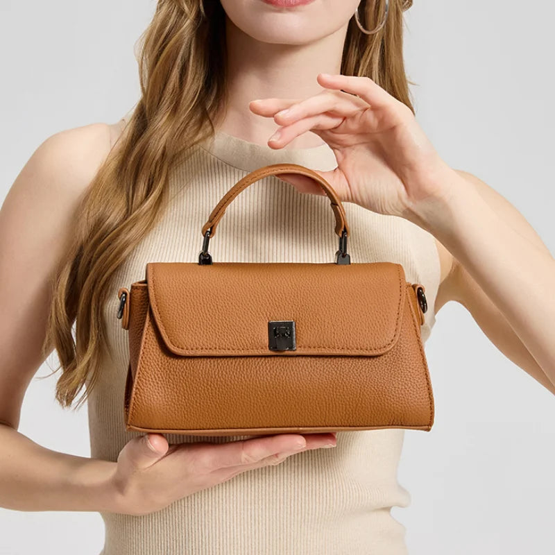 Women Genuine Leather Flap Handbag Soft Litchi Grain Metal Buckle Minimalist Elegant Top Handle Casual Crossbody Shoulder Bag