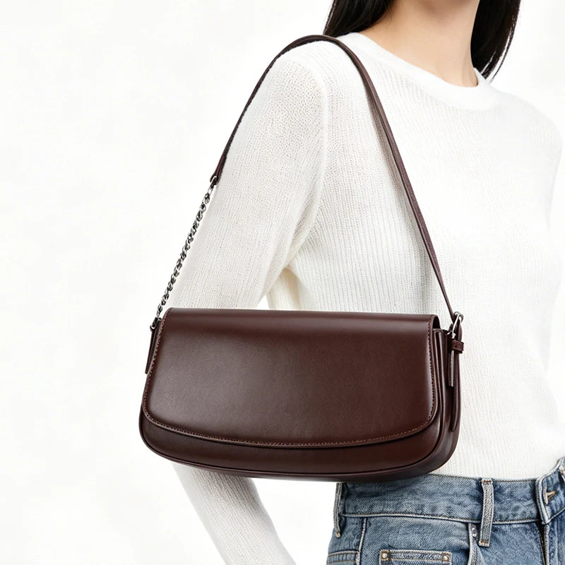 Women's Genuine Leather Minimalist Ladies Fashion retro design Flap Shoulder Bag With Chain Strap Crossbody Bag For Work Travel