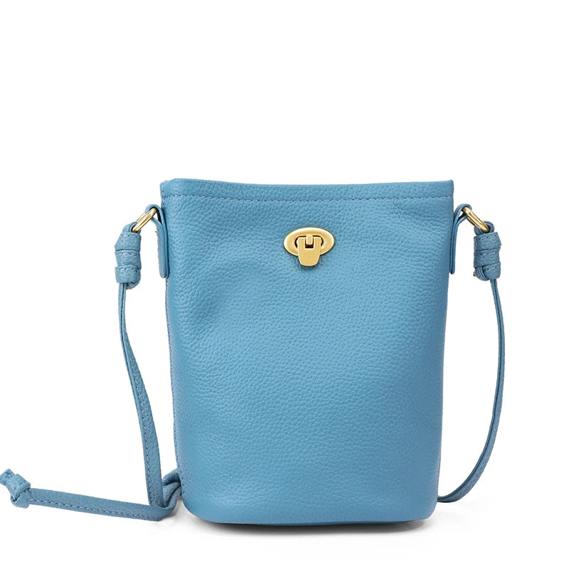 Women Genuine Leather Mini Bucket Bag Soft Retro Lock Adjustable Strap Casual Daily Commute Phone Crossbody Shoulder Handbag