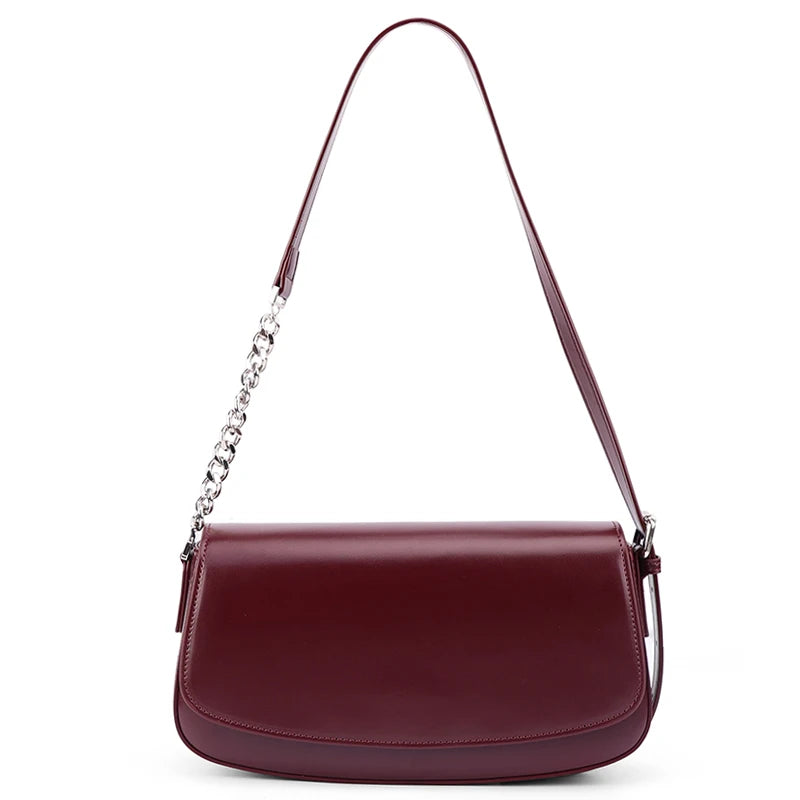 Women's Genuine Leather Minimalist Ladies Fashion retro design Flap Shoulder Bag With Chain Strap Crossbody Bag For Work Travel