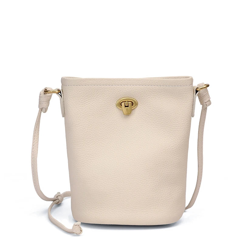 Women Genuine Leather Mini Bucket Bag Soft Retro Lock Adjustable Strap Casual Daily Commute Phone Crossbody Shoulder Handbag